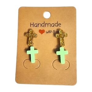Golden Mint Cross Acrylic Stud Earrings - 2 Pair